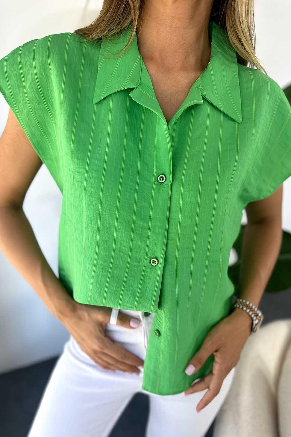 Lüks Kalite Dökümlü Viskon Kumaş Kolsuz Kadın Gömlek Yeşil