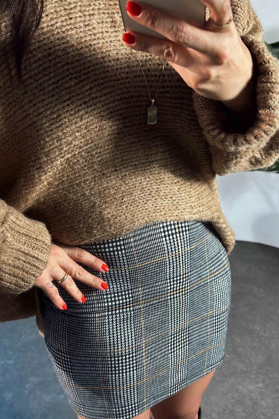 Lüks Kalite Ekose Detaylı Likralı Mini Etek Gri