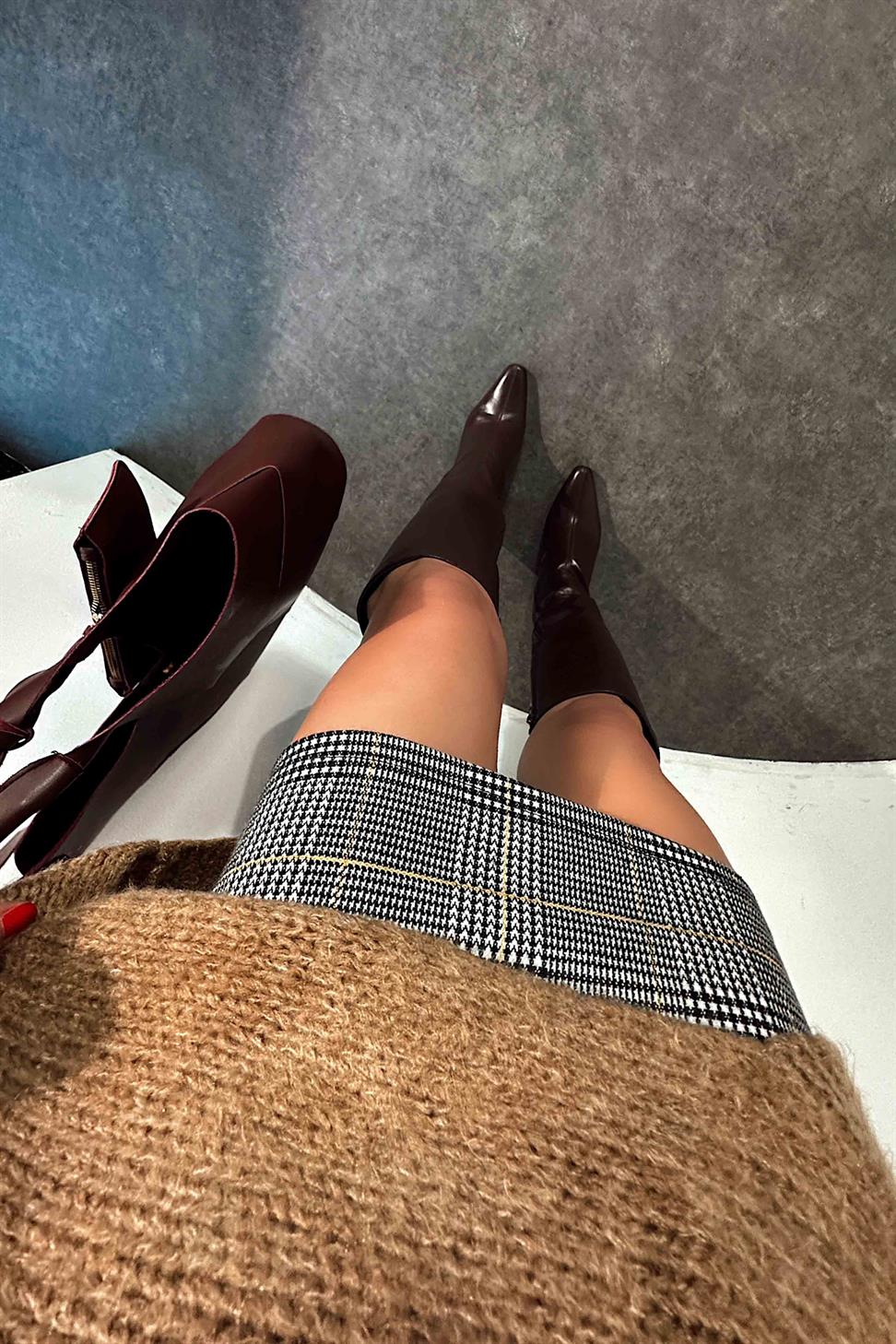 Lüks Kalite Ekose Detaylı Likralı Mini Etek Gri