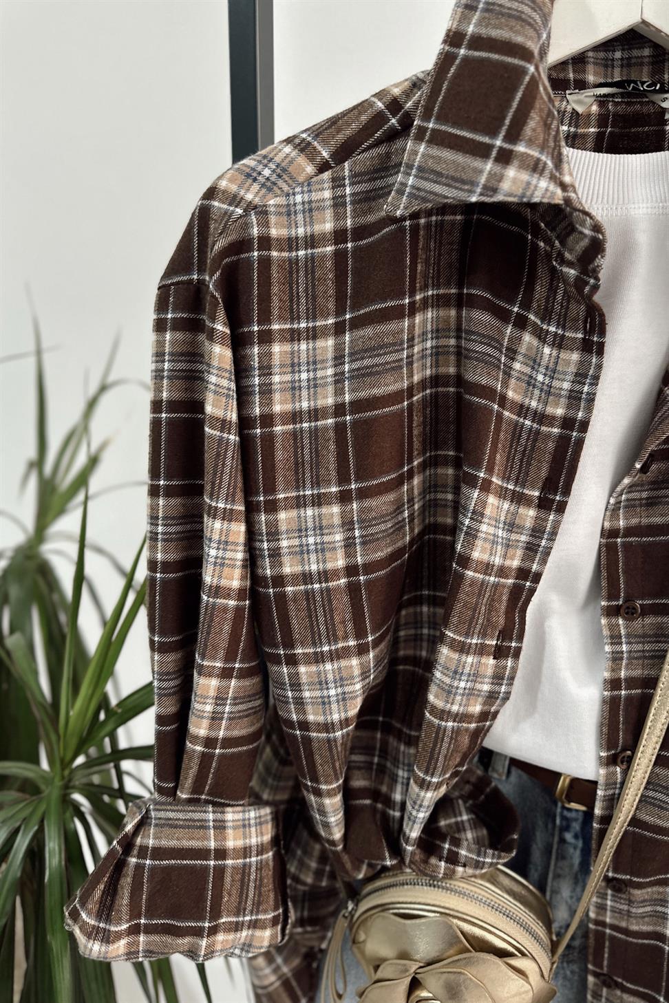 Lüks Kalite Ekose Gömlek Acı Kahve