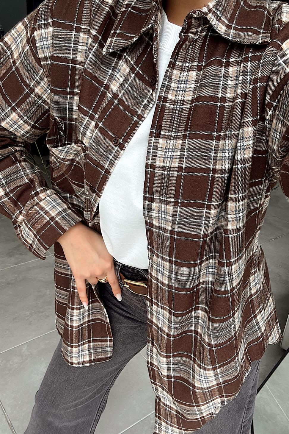 Lüks Kalite Ekose Gömlek Acı Kahve