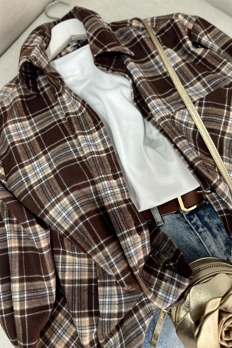 Lüks Kalite Ekose Gömlek Acı Kahve