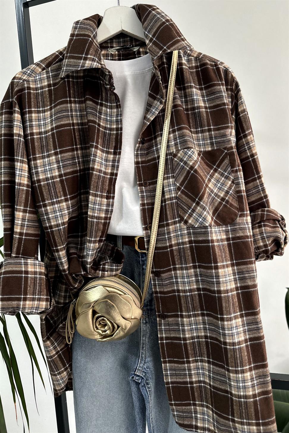 Lüks Kalite Ekose Gömlek Acı Kahve