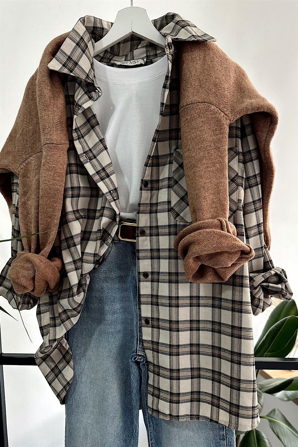 Lüks Kalite Ekose Gömlek Krem