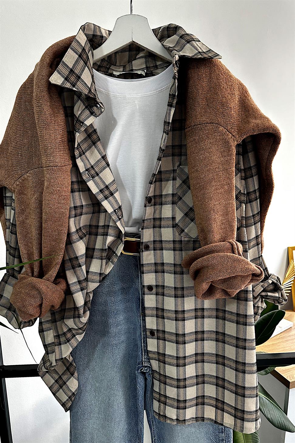 Lüks Kalite Ekose Gömlek Krem