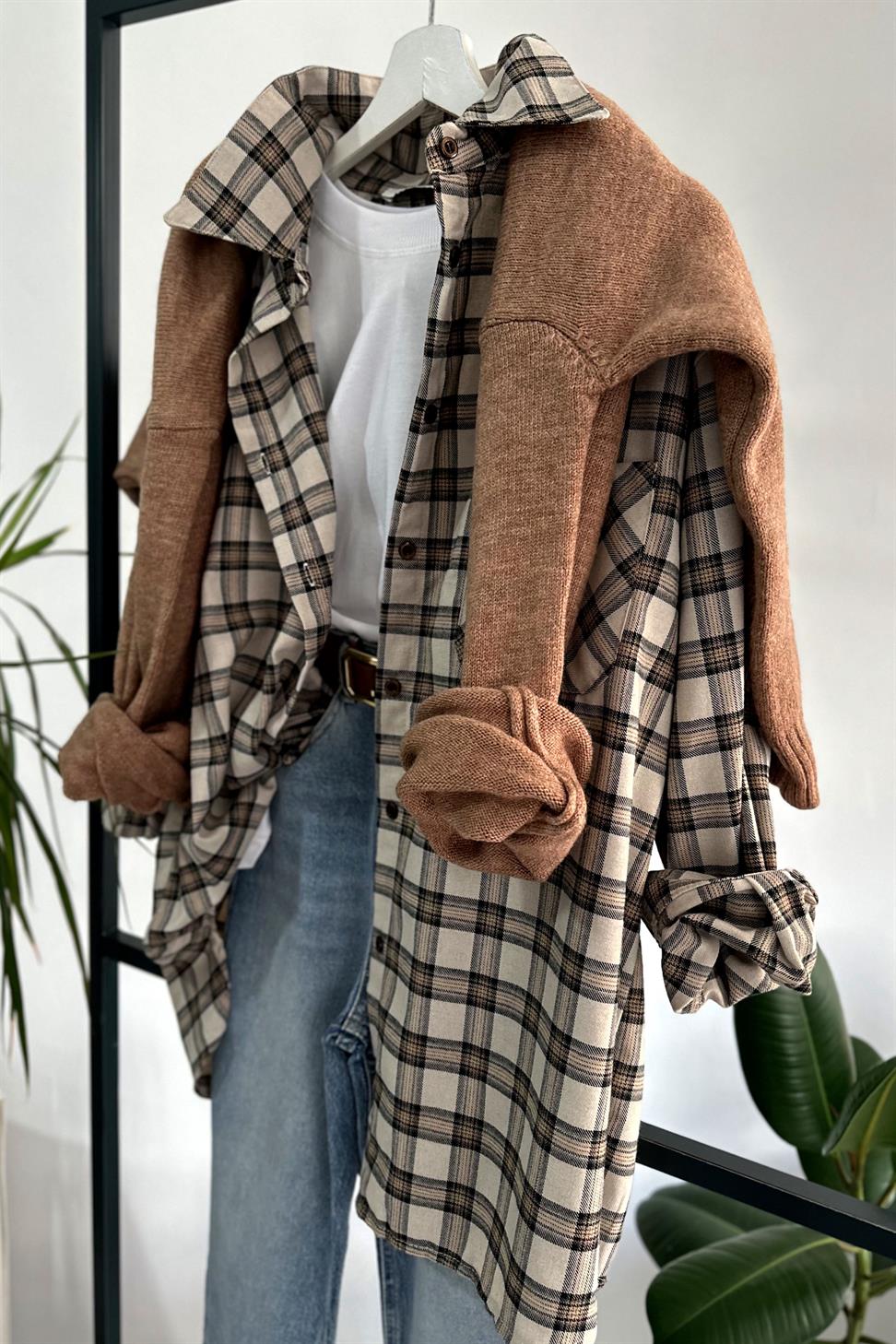 Lüks Kalite Ekose Gömlek Krem