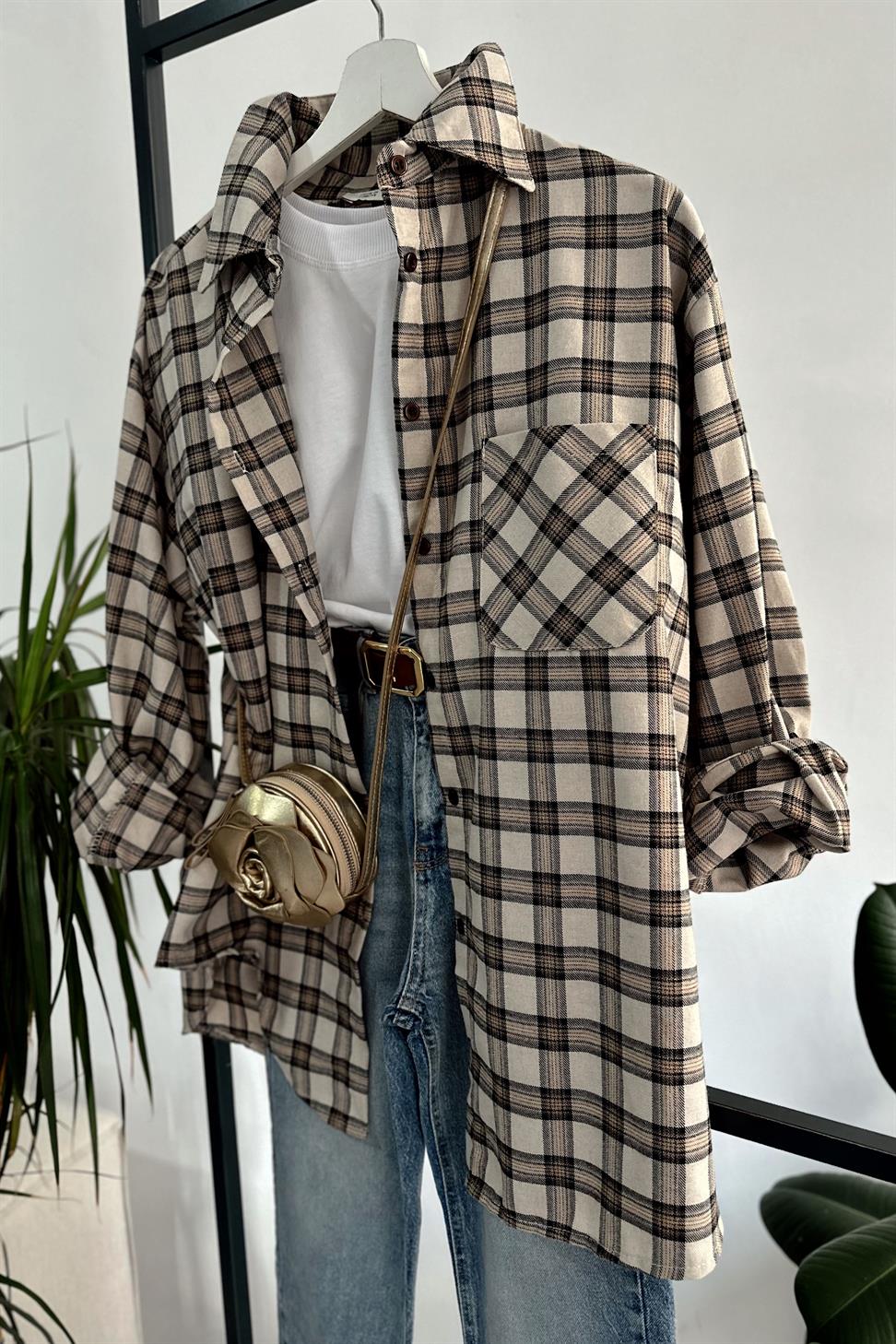 Lüks Kalite Ekose Gömlek Krem