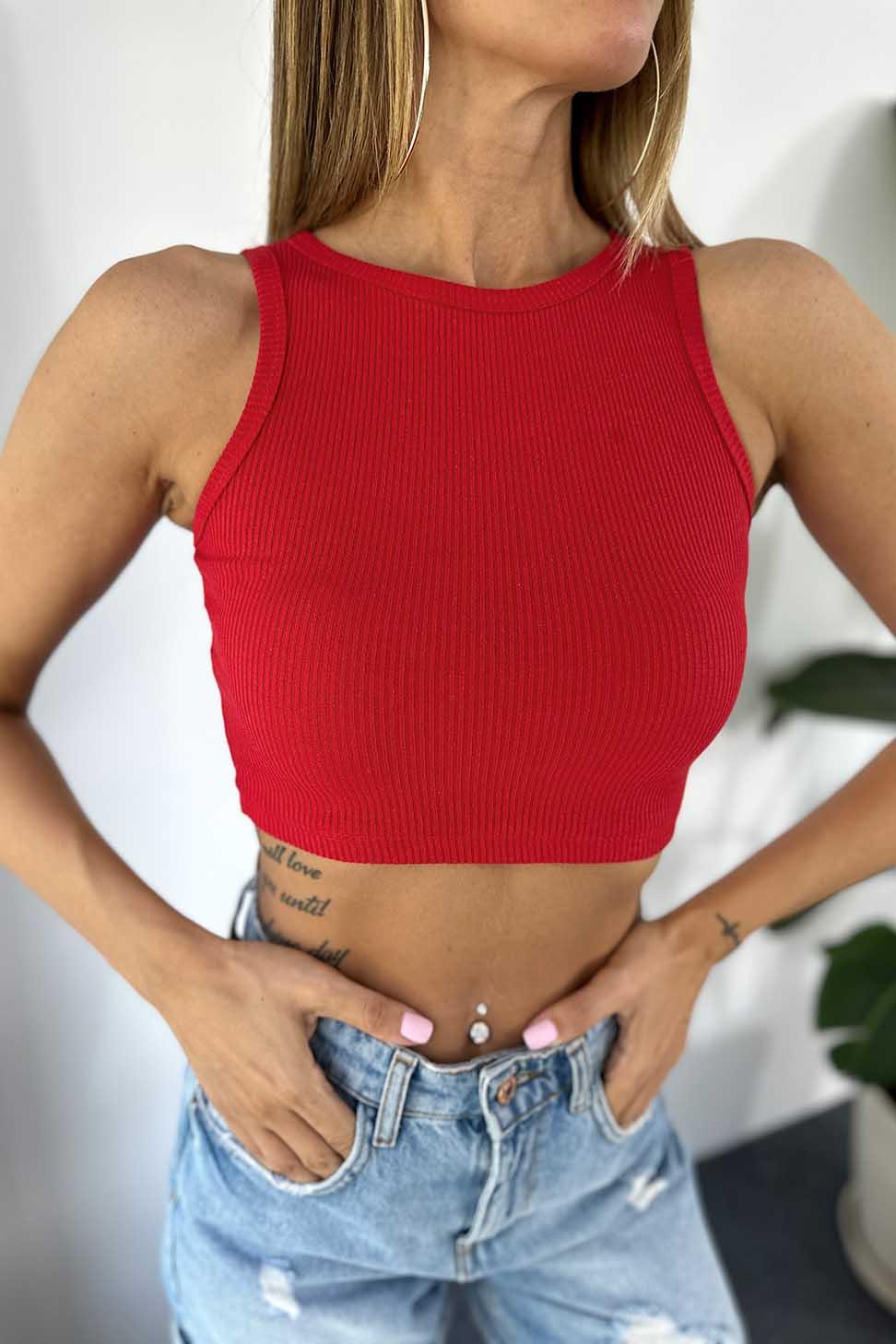 Lüks Kalite Fitilli Halter Yaka Crop Kırmızı