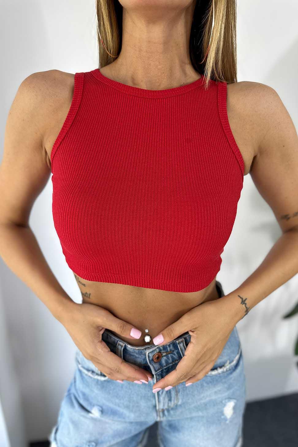 Lüks Kalite Fitilli Halter Yaka Crop Kırmızı