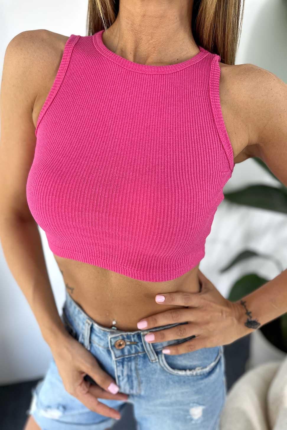 Lüks Kalite Fitilli Halter Yaka Crop Pembe