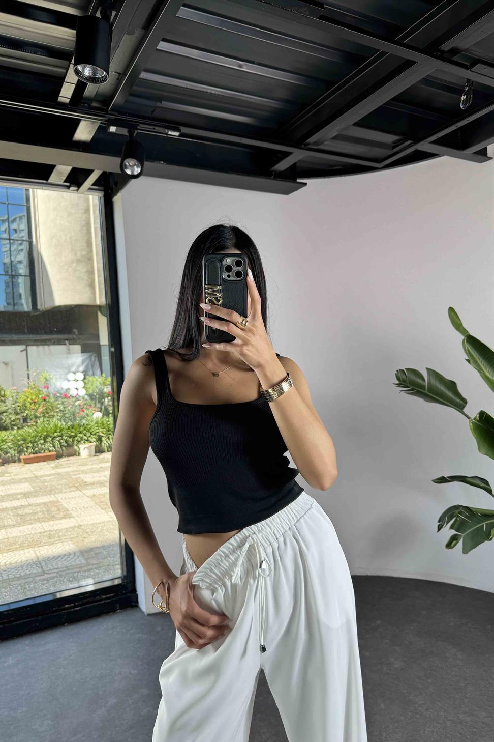 Lüks Kalite Fitilli Kare Yaka Crop Siyah