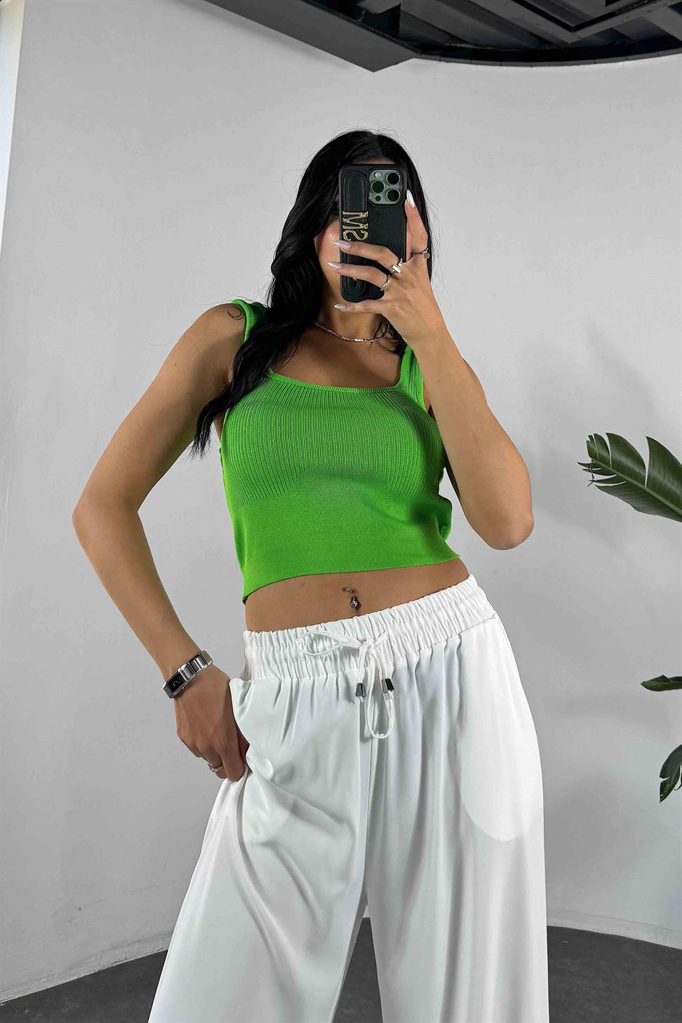 Lüks Kalite Fitilli Kare Yaka Crop Yeşil