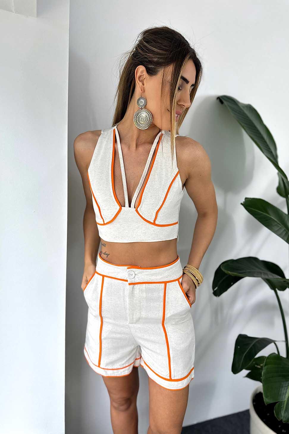 Lüks Kalite Keten Dokulu Biyeli Kadın Şort Turuncu