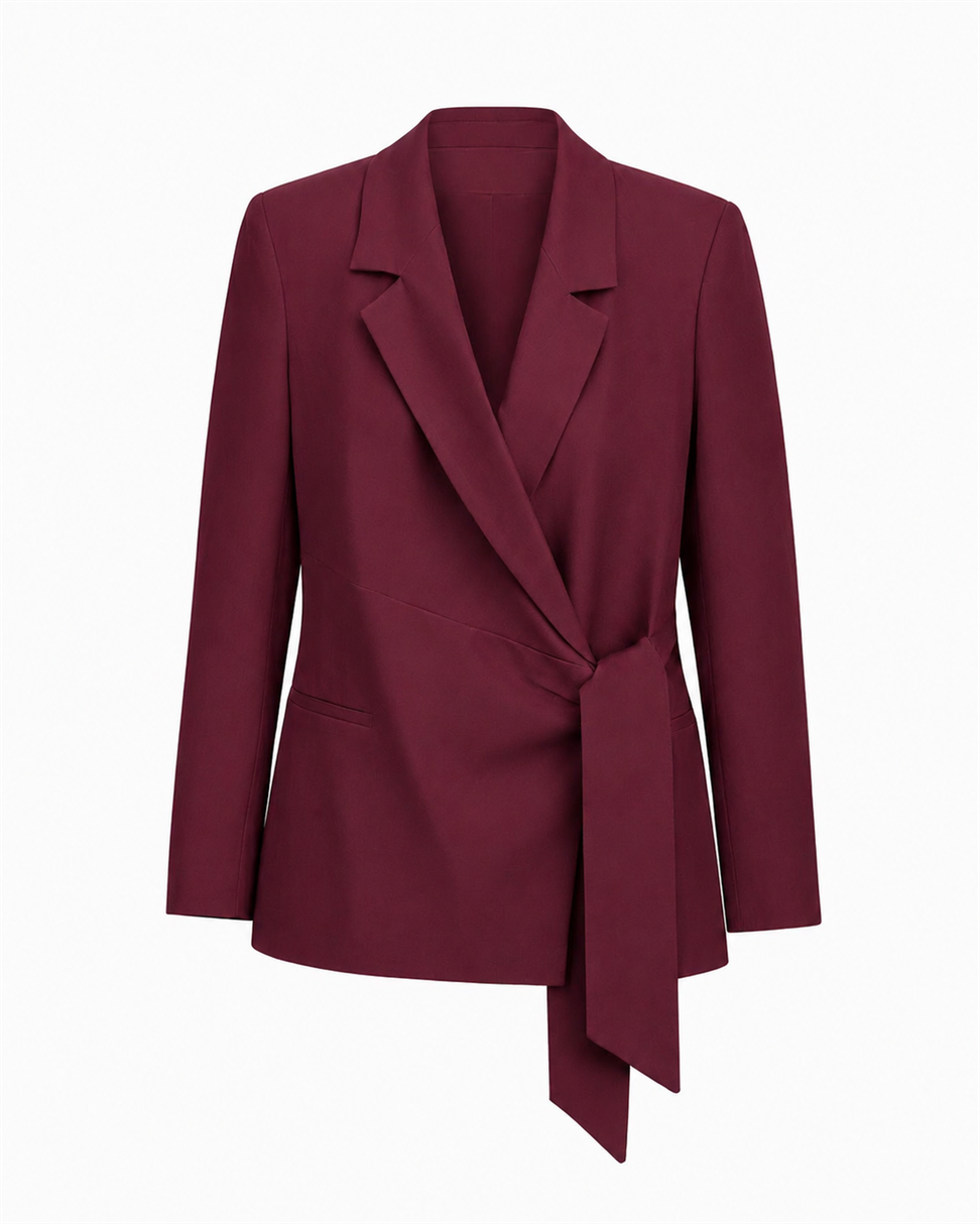 Lüks Kalite Kuşak Bağlamalı Keten Blazer Bordo