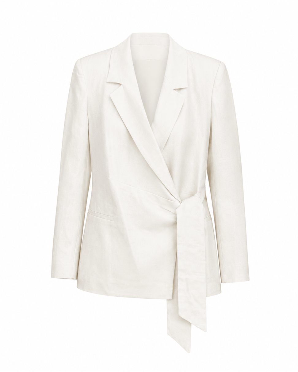 Lüks Kalite Kuşak Bağlamalı Keten Blazer Ekru