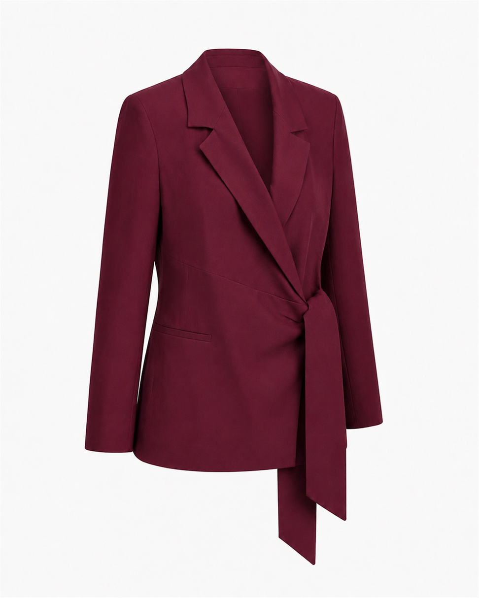Lüks Kalite Kuşak Bağlamalı Keten Blazer Bordo