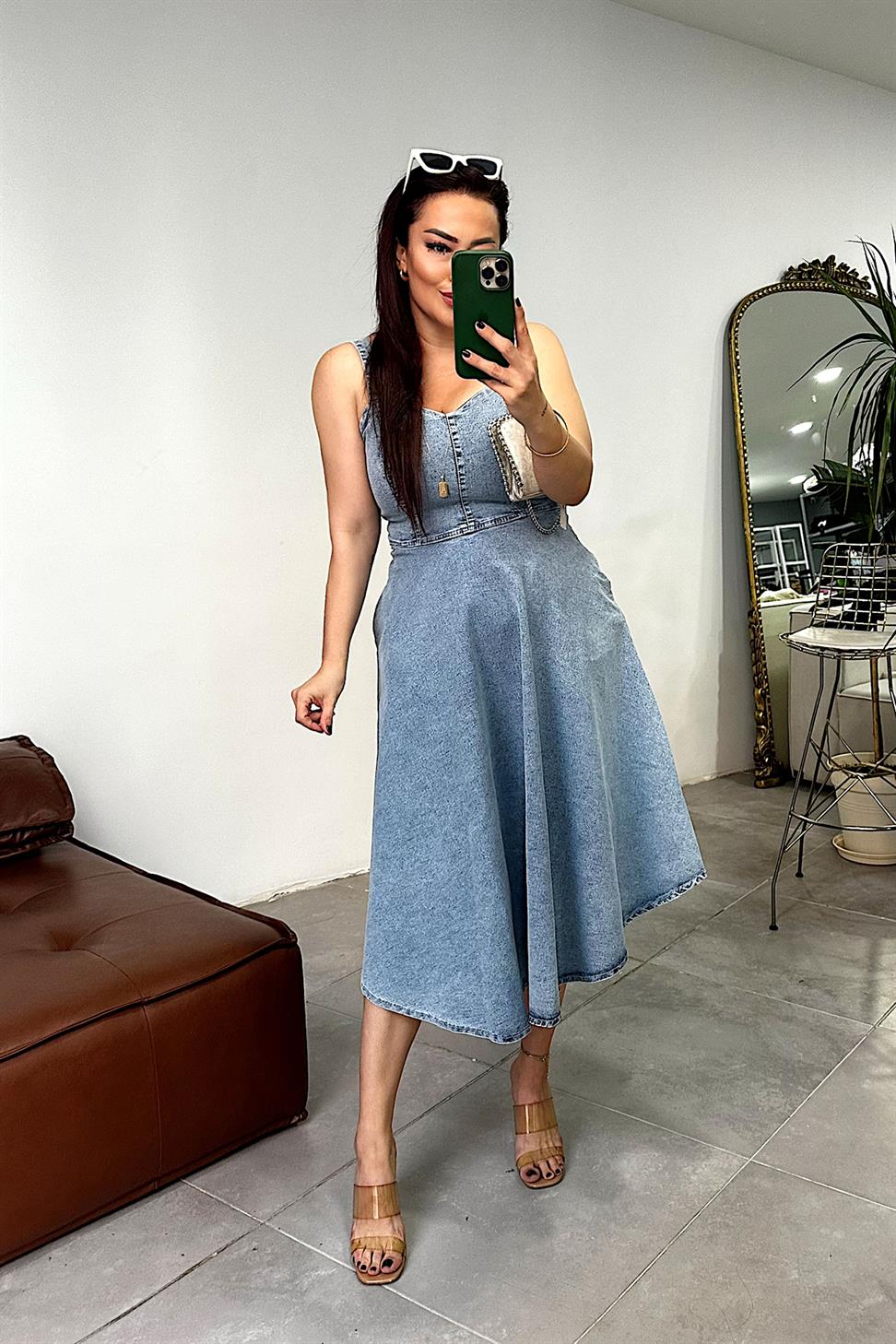 Lüks Kalite Likralı Denim Kumaş Elbise Mavi