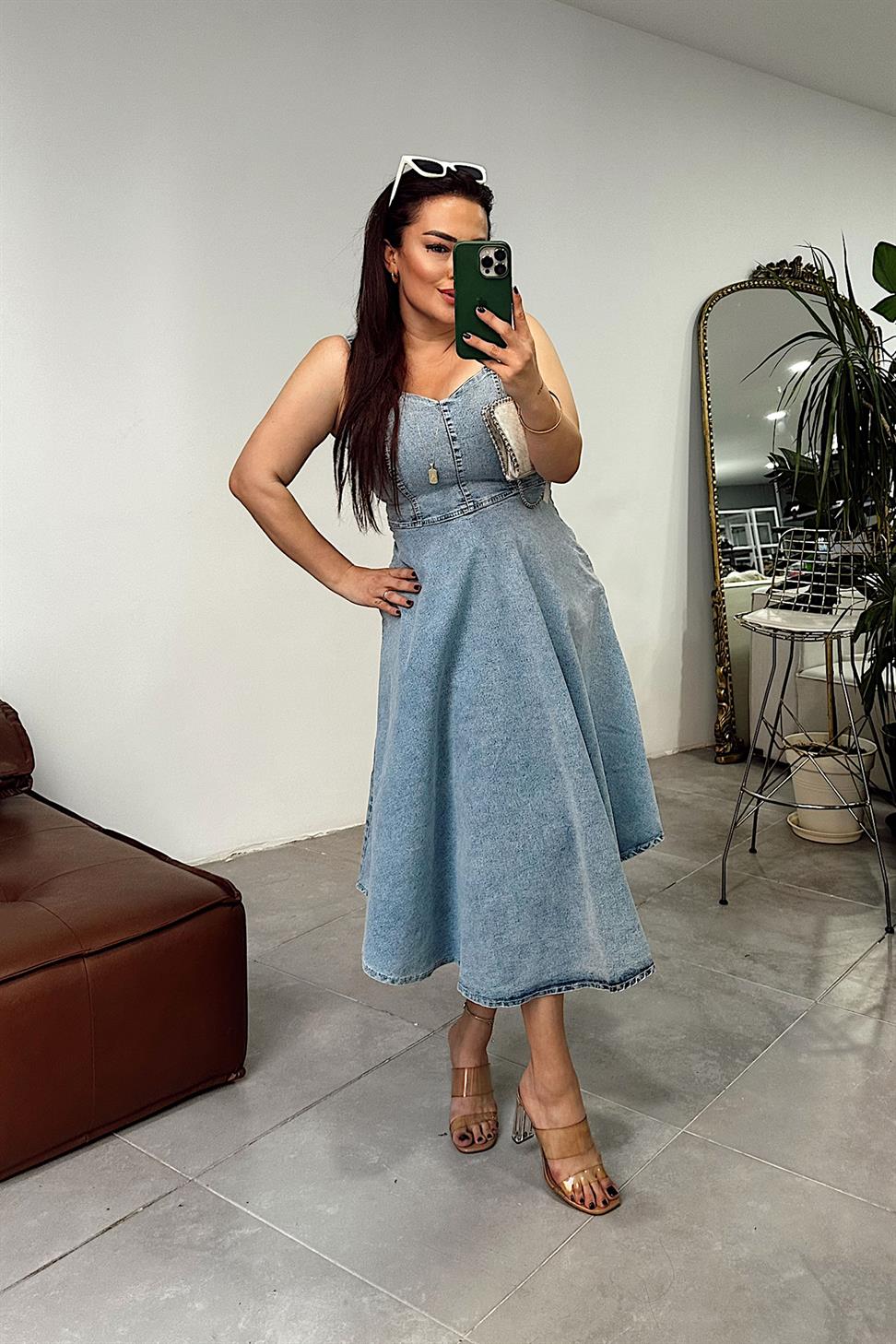 Lüks Kalite Likralı Denim Kumaş Elbise Mavi