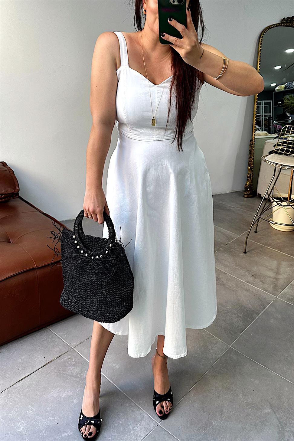 Lüks Kalite Likralı Denim Kumaş Elbise Beyaz