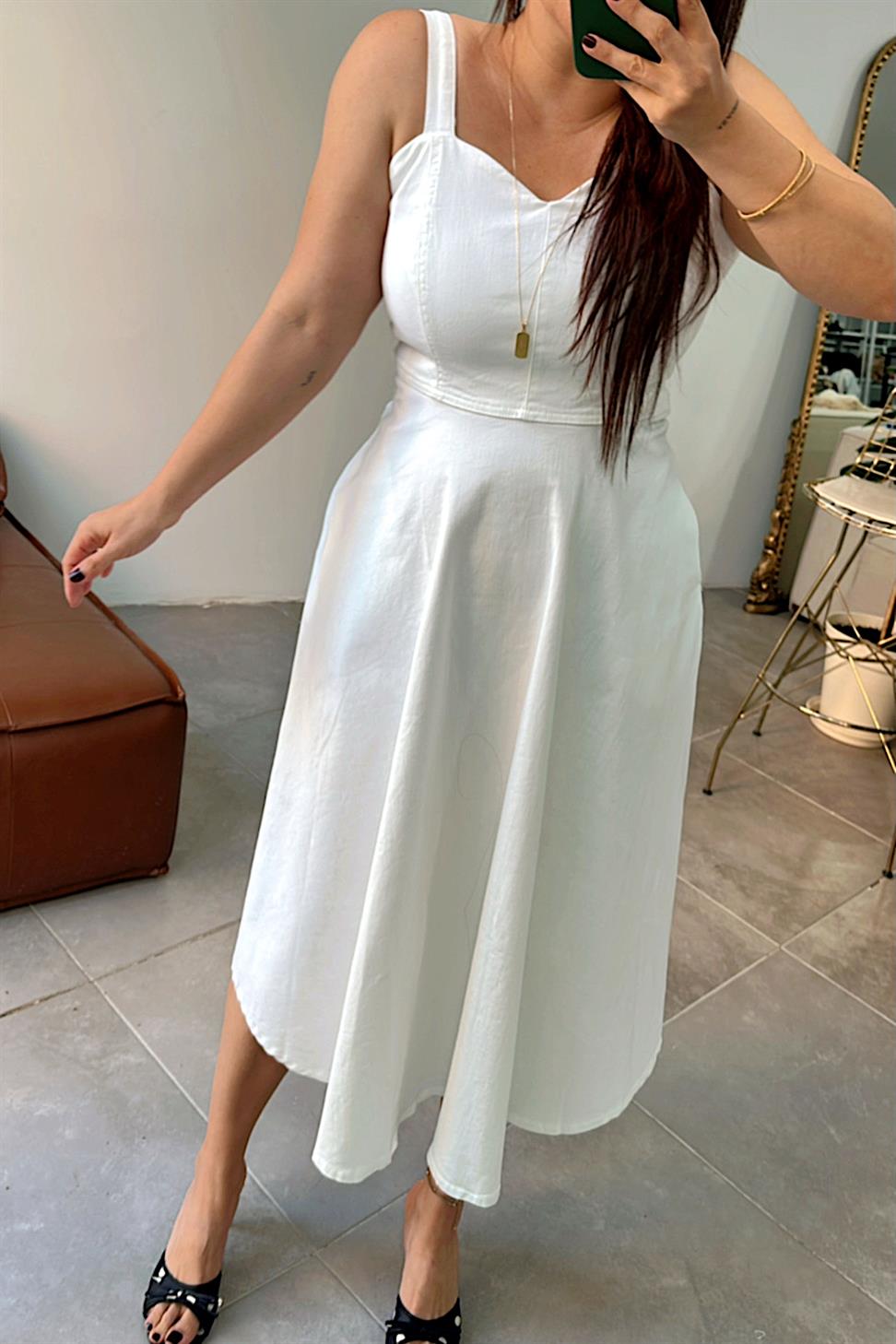 Lüks Kalite Likralı Denim Kumaş Elbise Beyaz