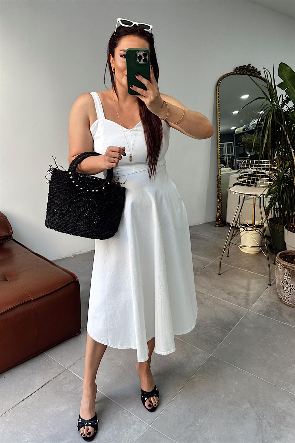 Lüks Kalite Likralı Denim Kumaş Elbise Beyaz