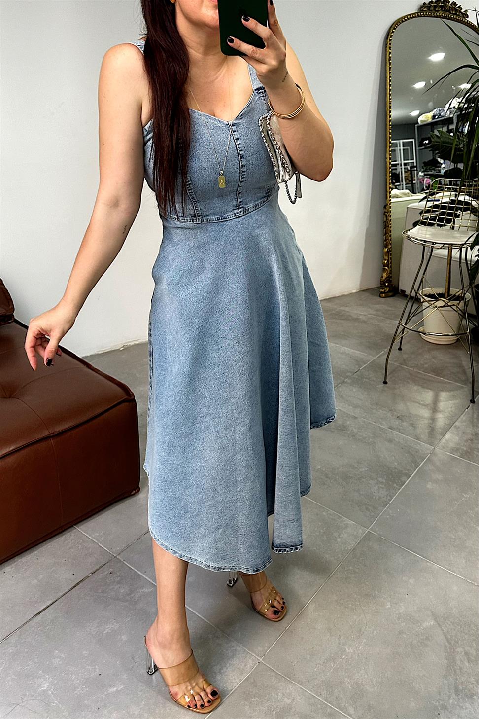 Lüks Kalite Likralı Denim Kumaş Elbise Mavi