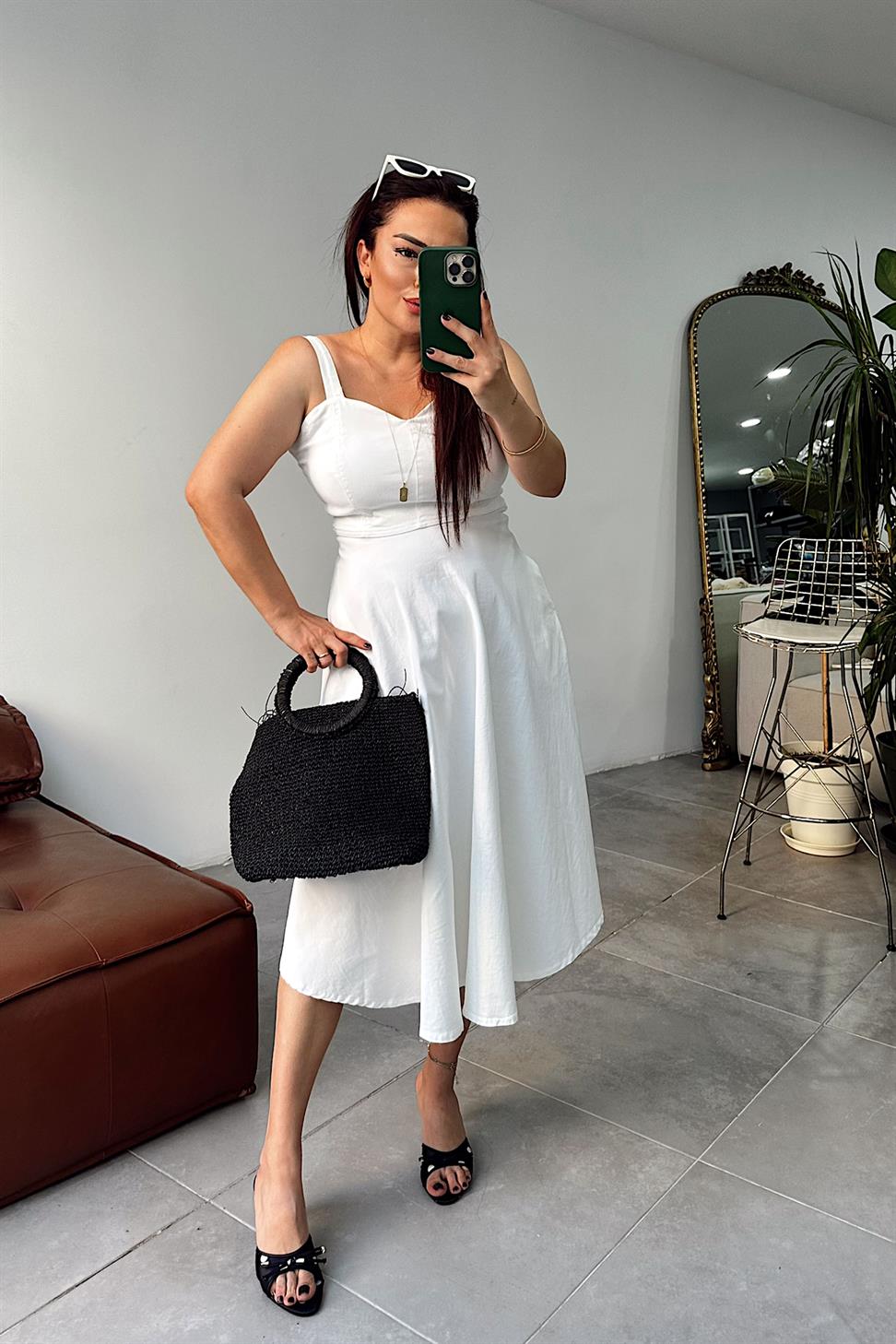 Lüks Kalite Likralı Denim Kumaş Elbise Beyaz