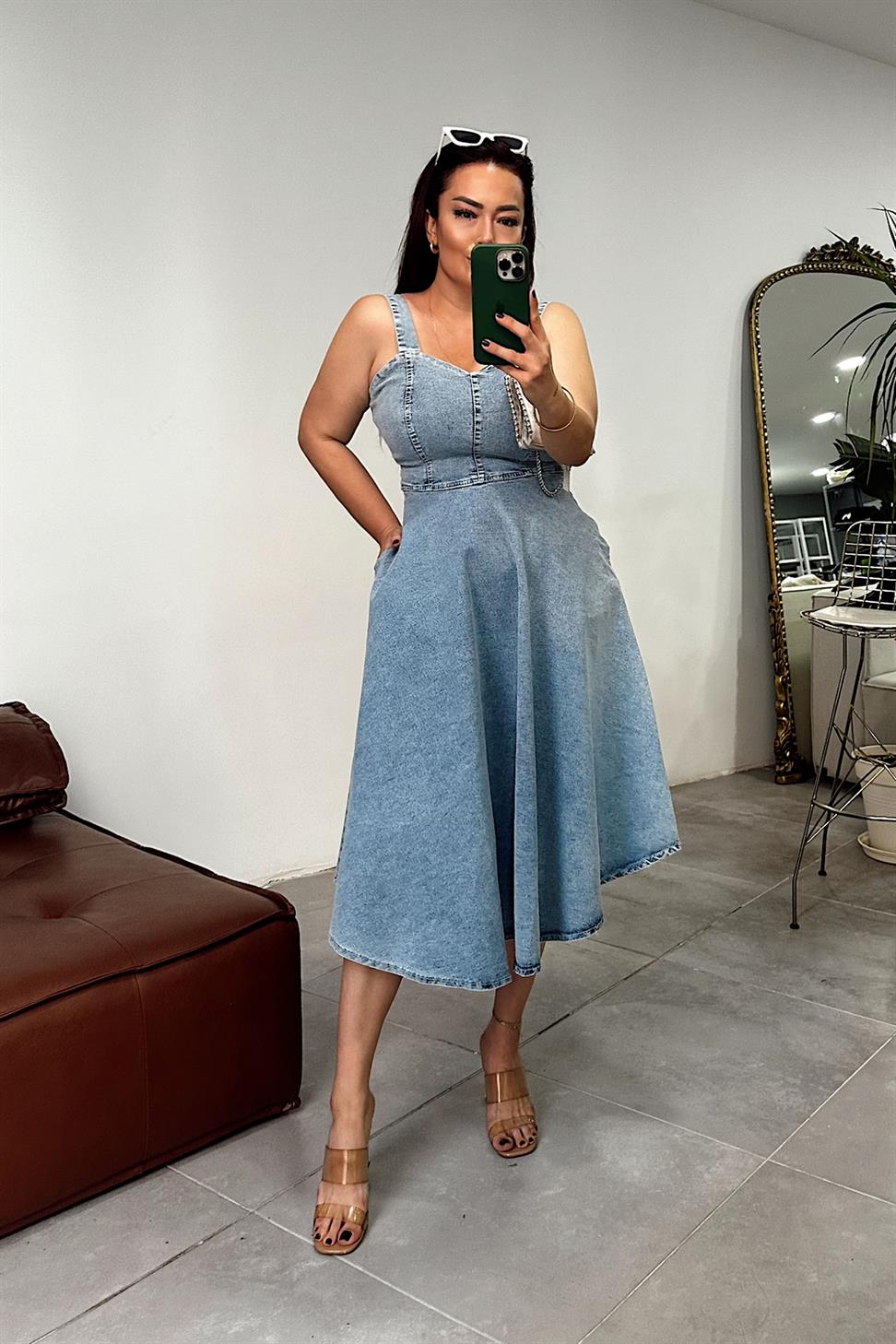 Lüks Kalite Likralı Denim Kumaş Elbise Mavi