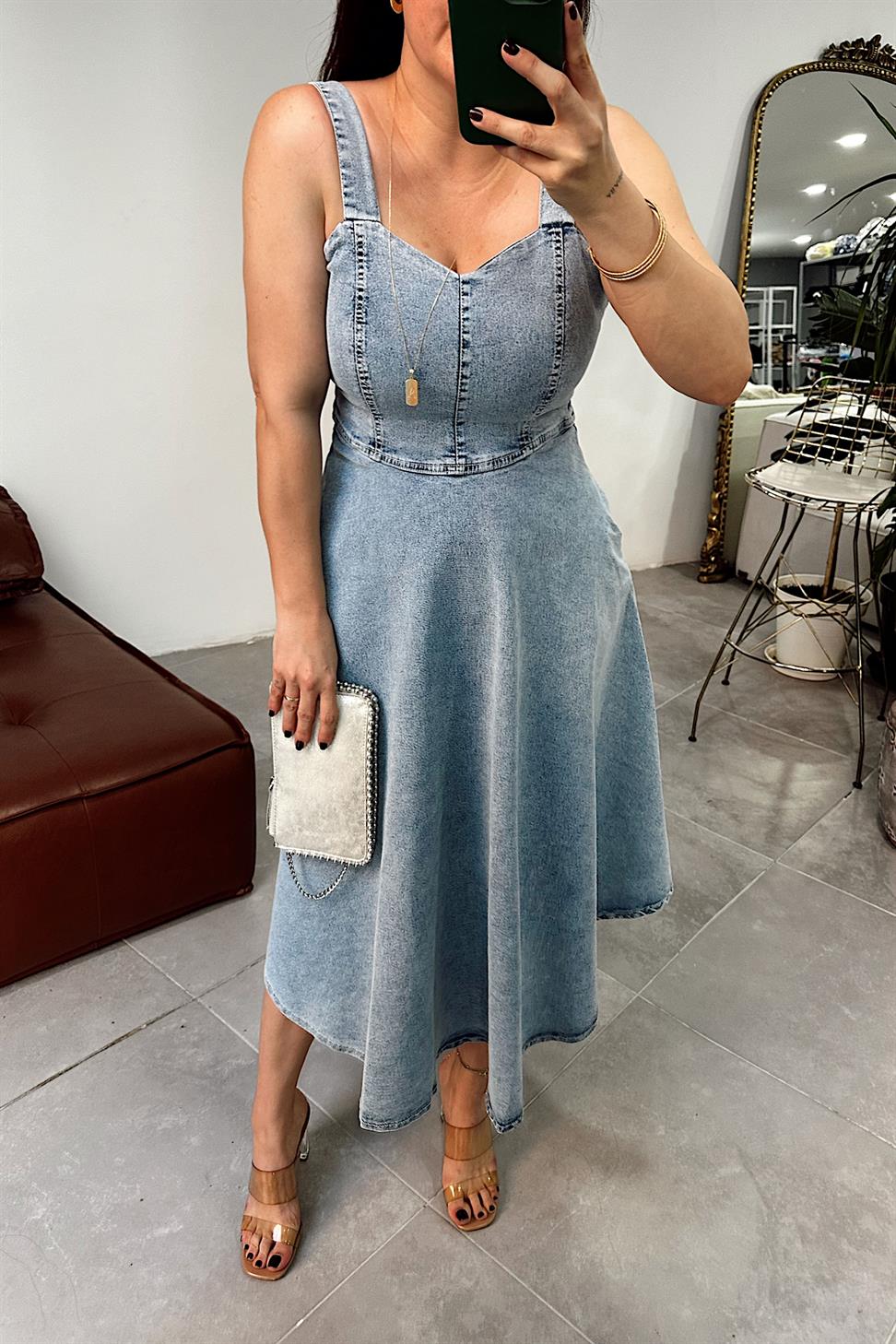 Lüks Kalite Likralı Denim Kumaş Elbise Mavi