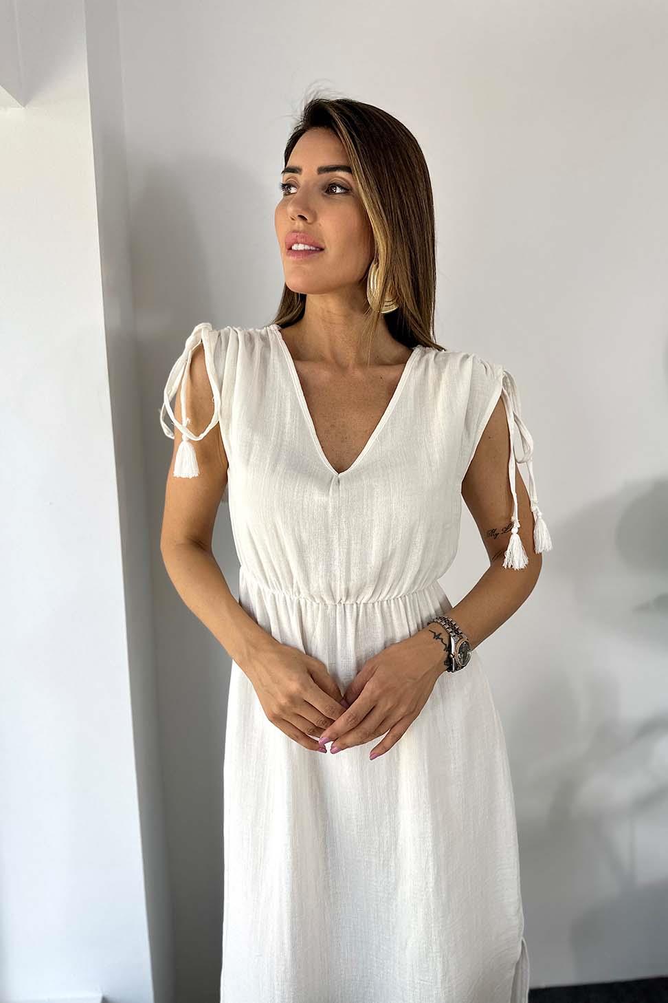 Lüks Kalite Müslin Kumaş Naturel Pamuklu Yırtmaçlı Elbise Beyaz