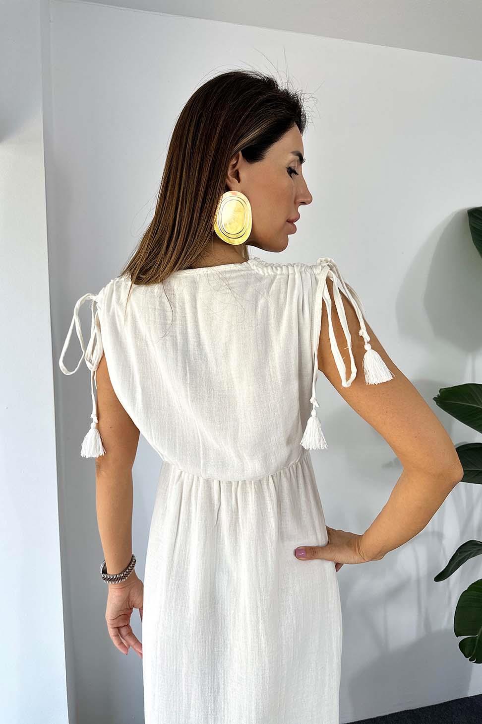 Lüks Kalite Müslin Kumaş Naturel Pamuklu Yırtmaçlı Elbise Beyaz