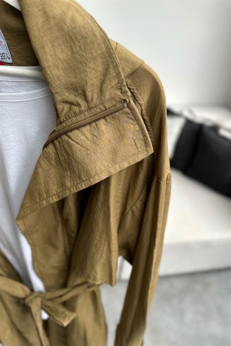 Lüks Kalite Paraşüt Kumaş Kemerli Trençkot Olive
