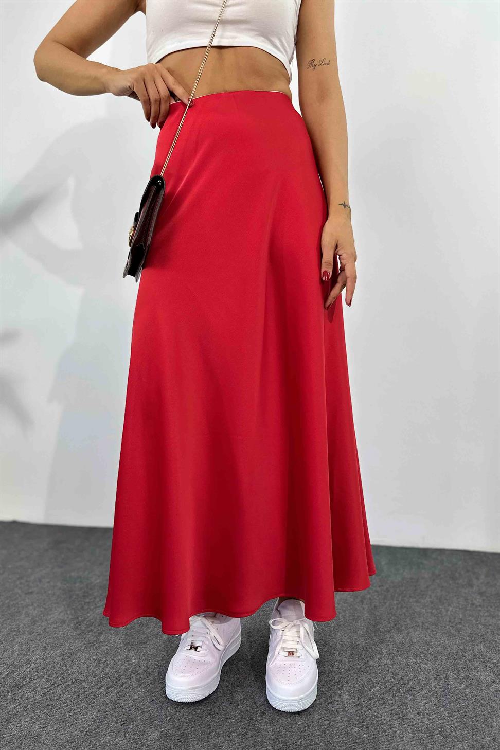 Lüks Kalite Saten Kumaş Beli Lastikli Etek Kırmızı
