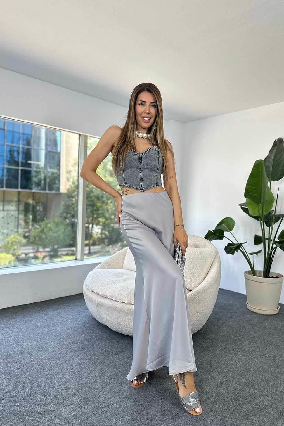 Lüks Kalite Saten Kumaş Beli Lastikli Etek Gri
