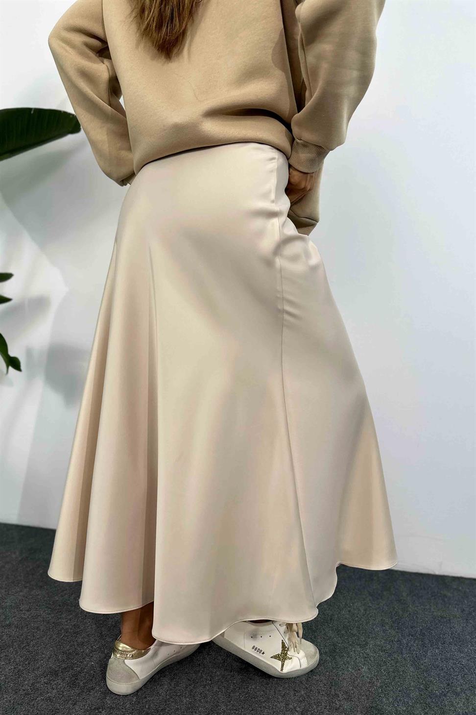 Lüks Kalite Saten Kumaş Beli Lastikli Etek Krem