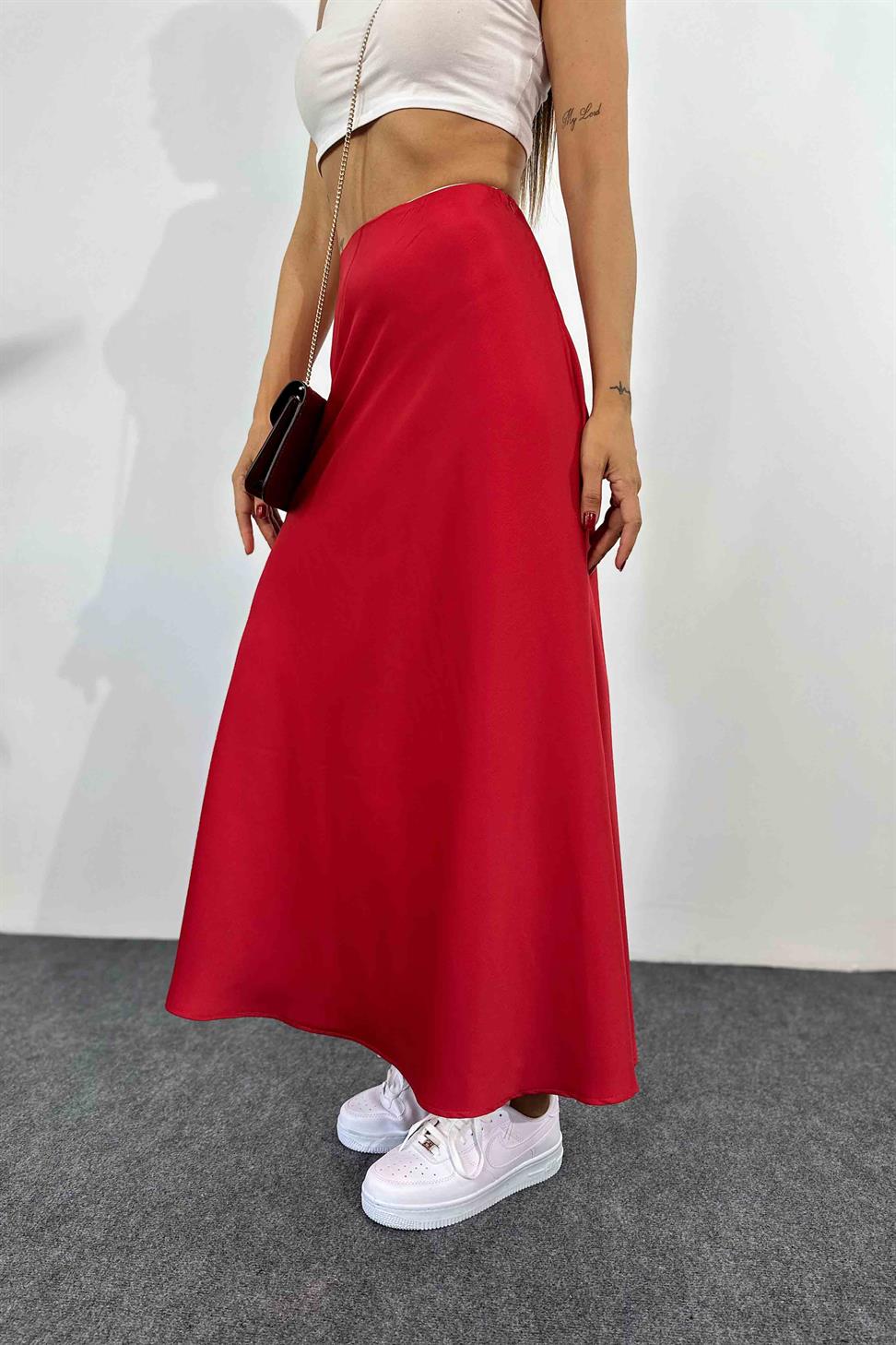 Lüks Kalite Saten Kumaş Beli Lastikli Etek Kırmızı