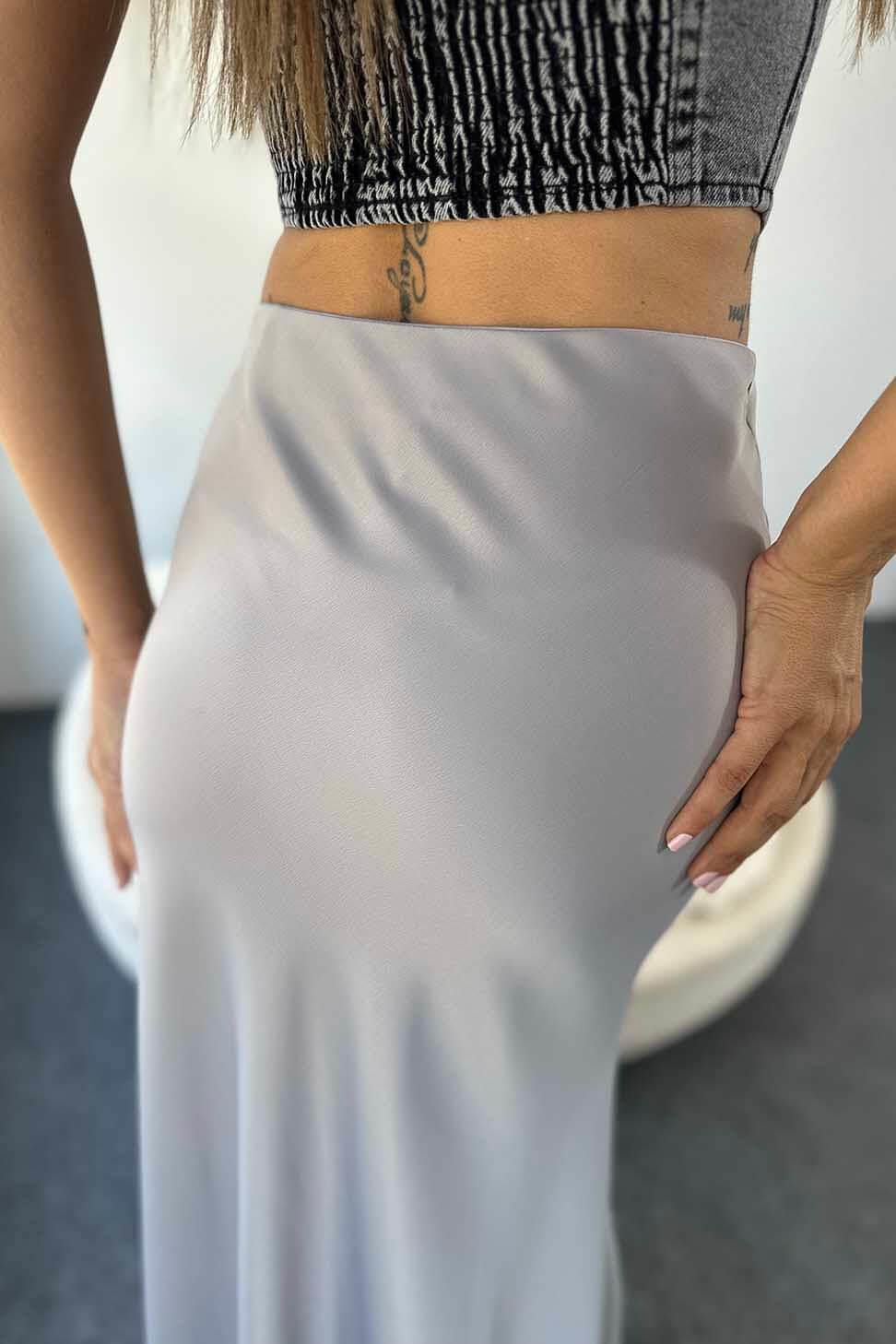 Lüks Kalite Saten Kumaş Beli Lastikli Etek Gri
