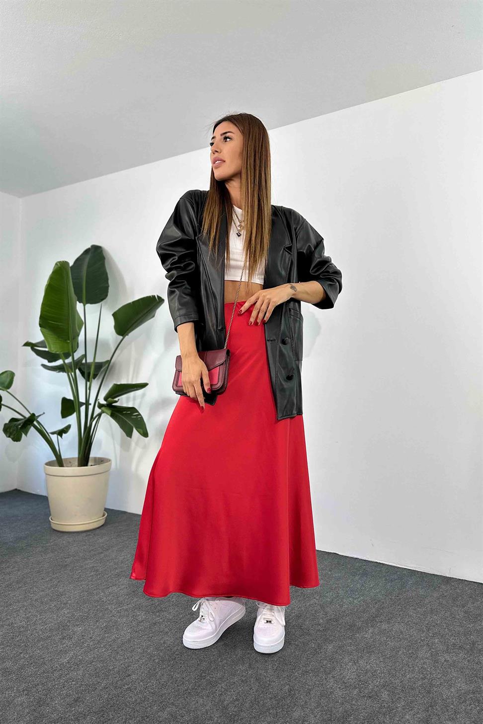 Lüks Kalite Saten Kumaş Beli Lastikli Etek Kırmızı