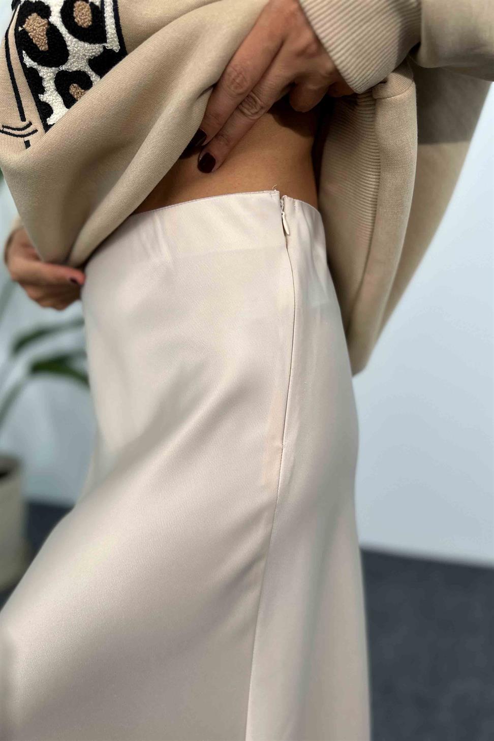 Lüks Kalite Saten Kumaş Beli Lastikli Etek Krem