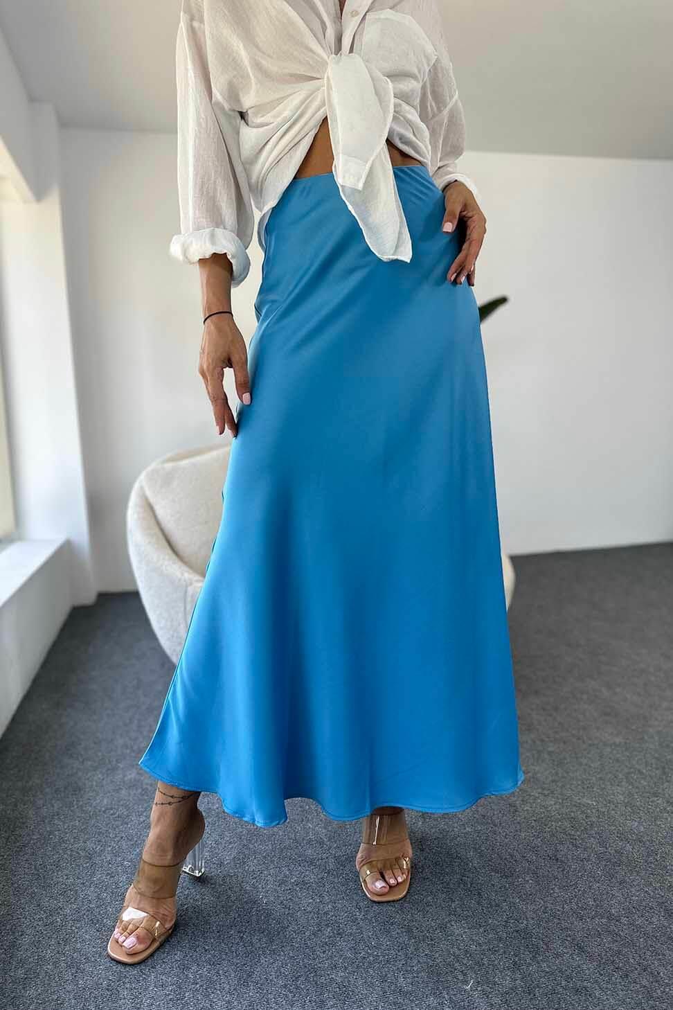 Lüks Kalite Saten Kumaş Beli Lastikli Etek Mavi