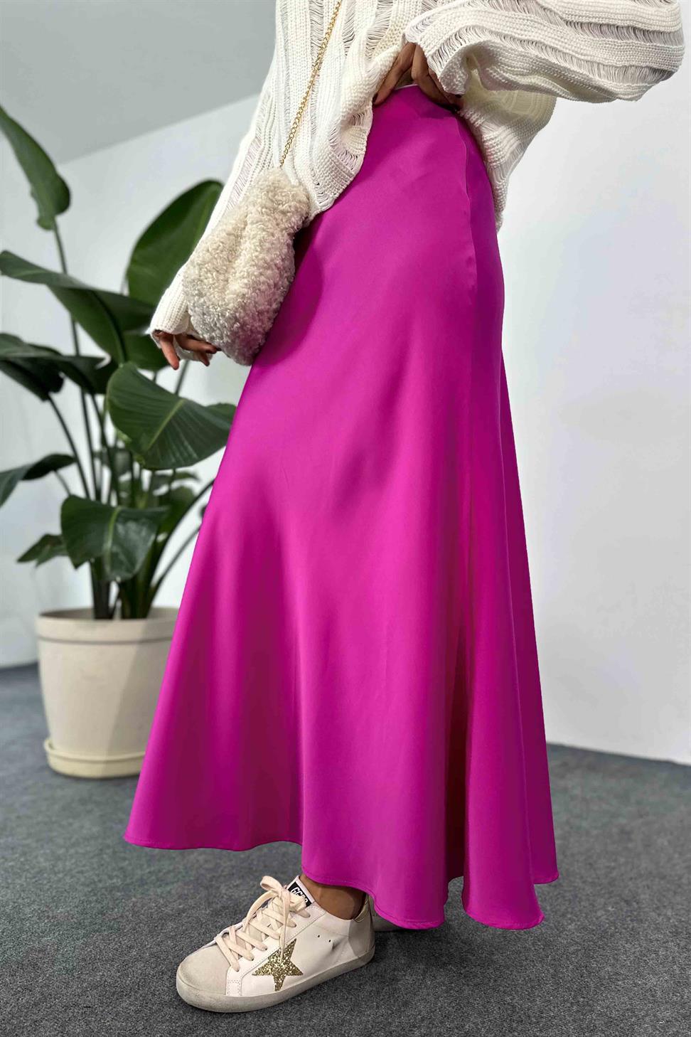 Lüks Kalite Saten Kumaş Beli Lastikli Etek Fuşya