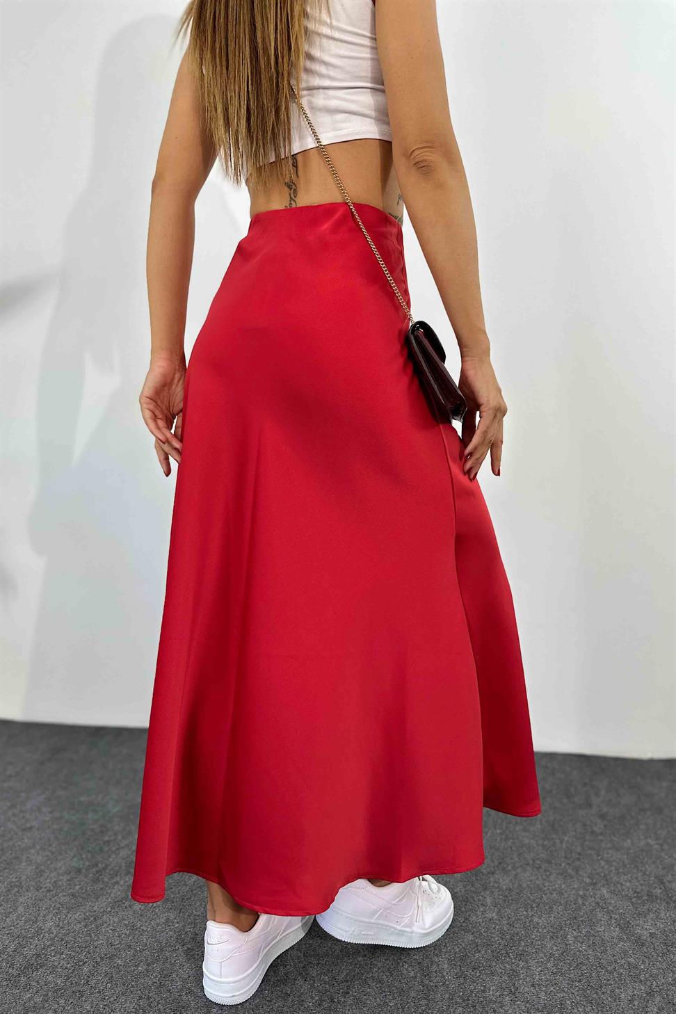 Lüks Kalite Saten Kumaş Beli Lastikli Etek Kırmızı