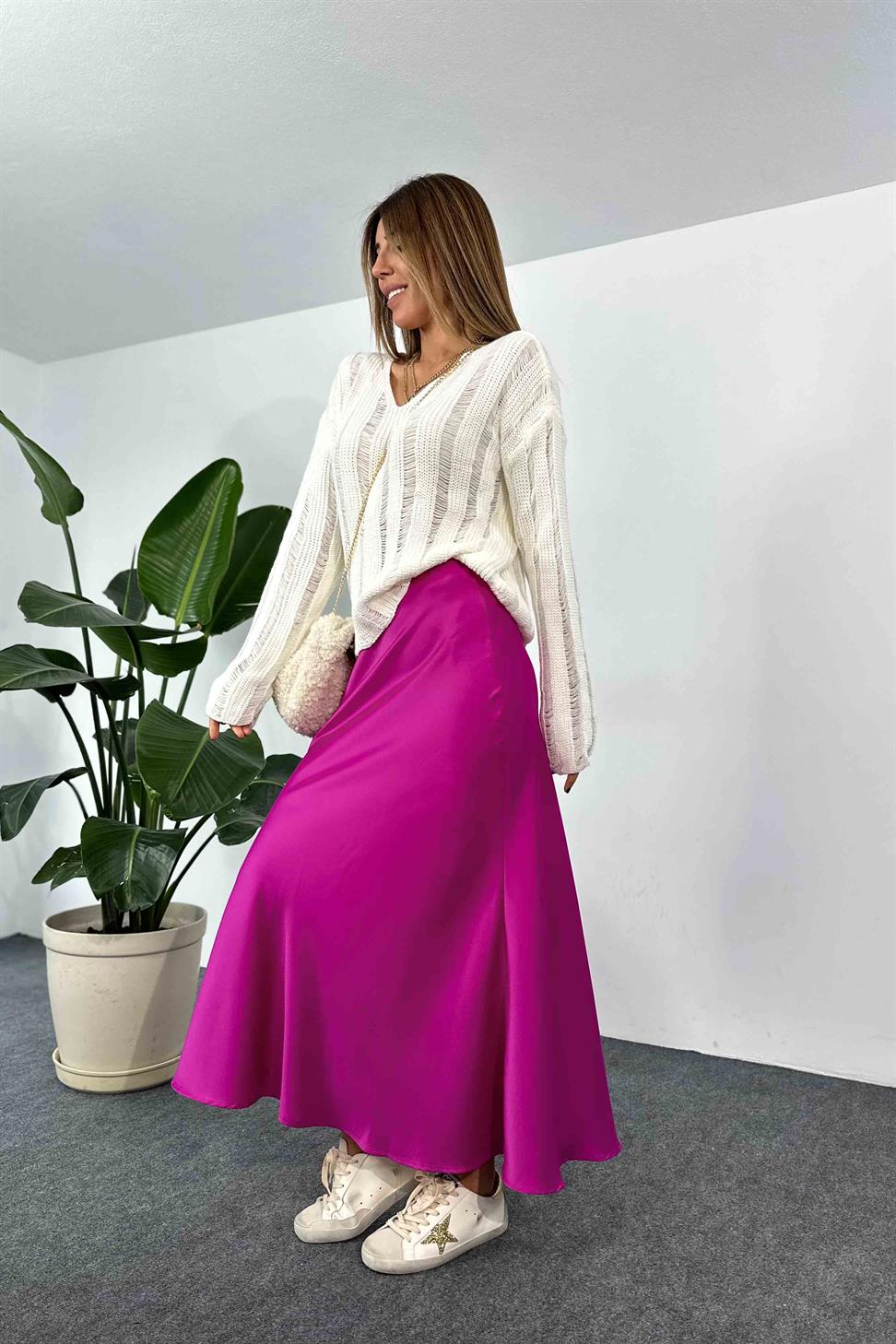 Lüks Kalite Saten Kumaş Beli Lastikli Etek Fuşya