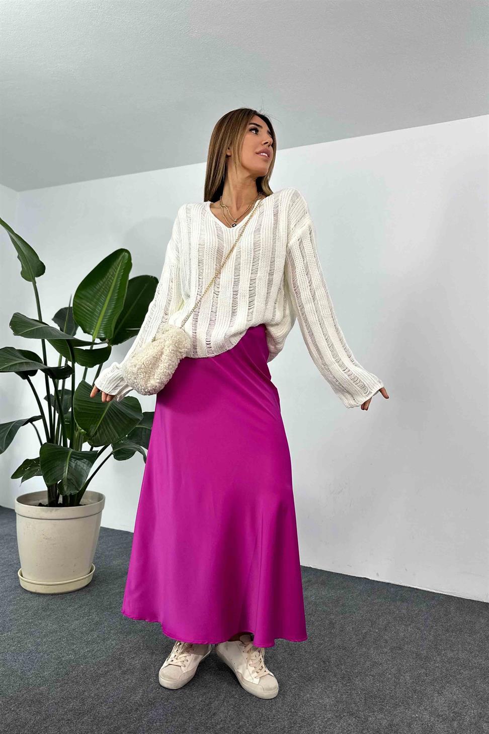 Lüks Kalite Saten Kumaş Beli Lastikli Etek Fuşya