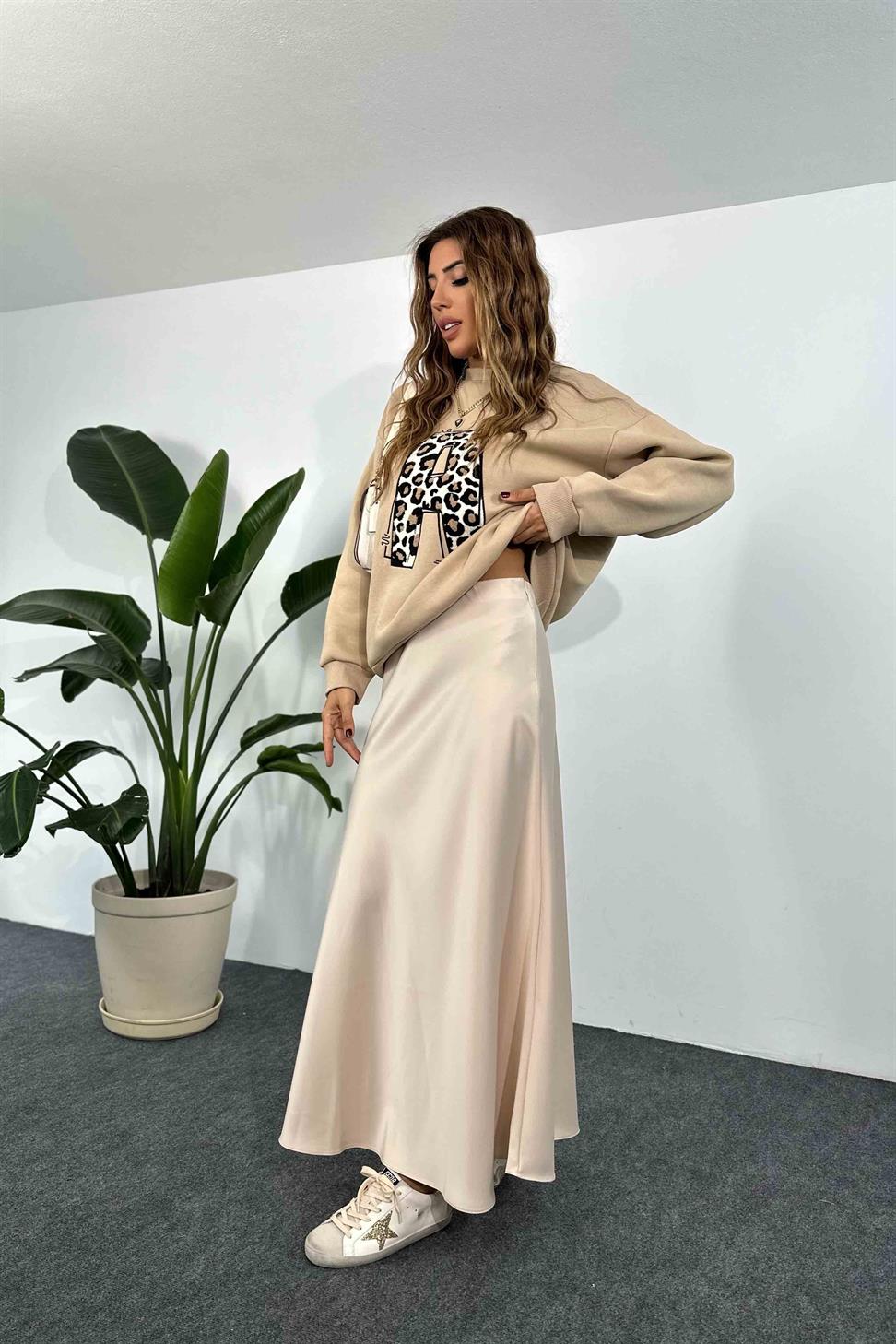 Lüks Kalite Saten Kumaş Beli Lastikli Etek Krem