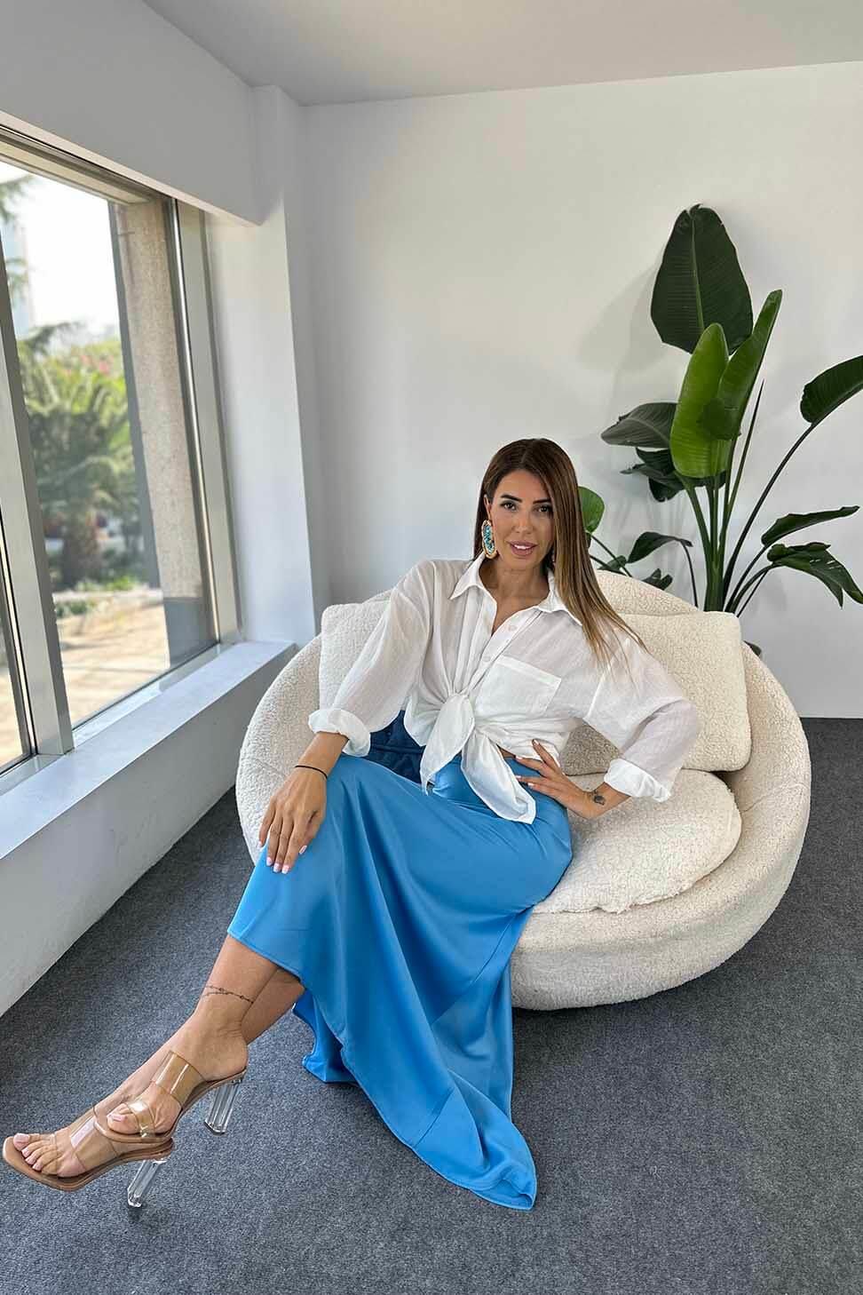 Lüks Kalite Saten Kumaş Beli Lastikli Etek Mavi