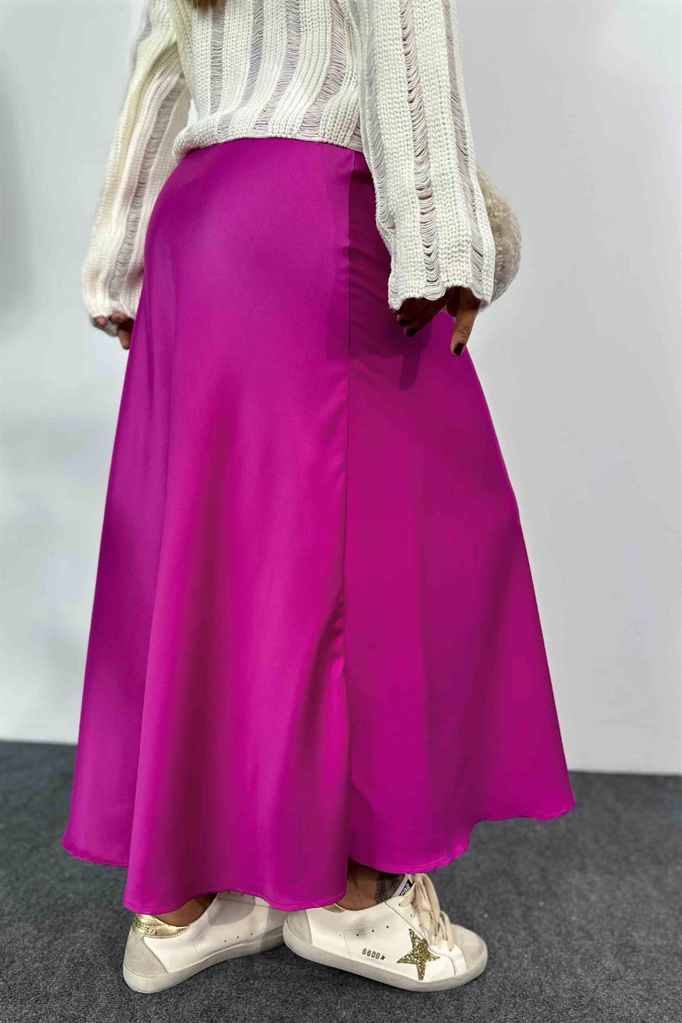 Lüks Kalite Saten Kumaş Beli Lastikli Etek Fuşya