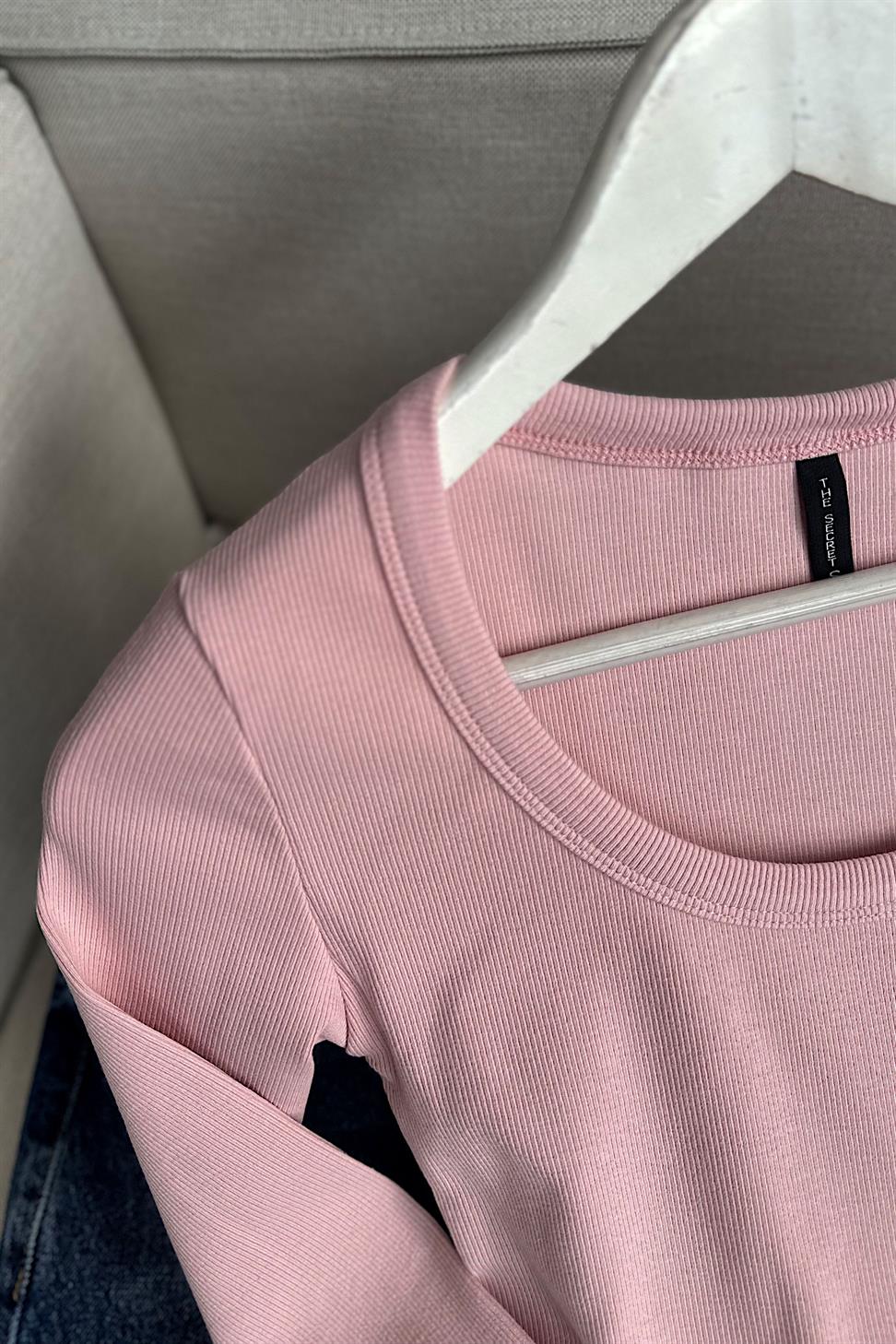 Lüks Kalite U Yaka İnce Fitilli Bluz Toz Pembe