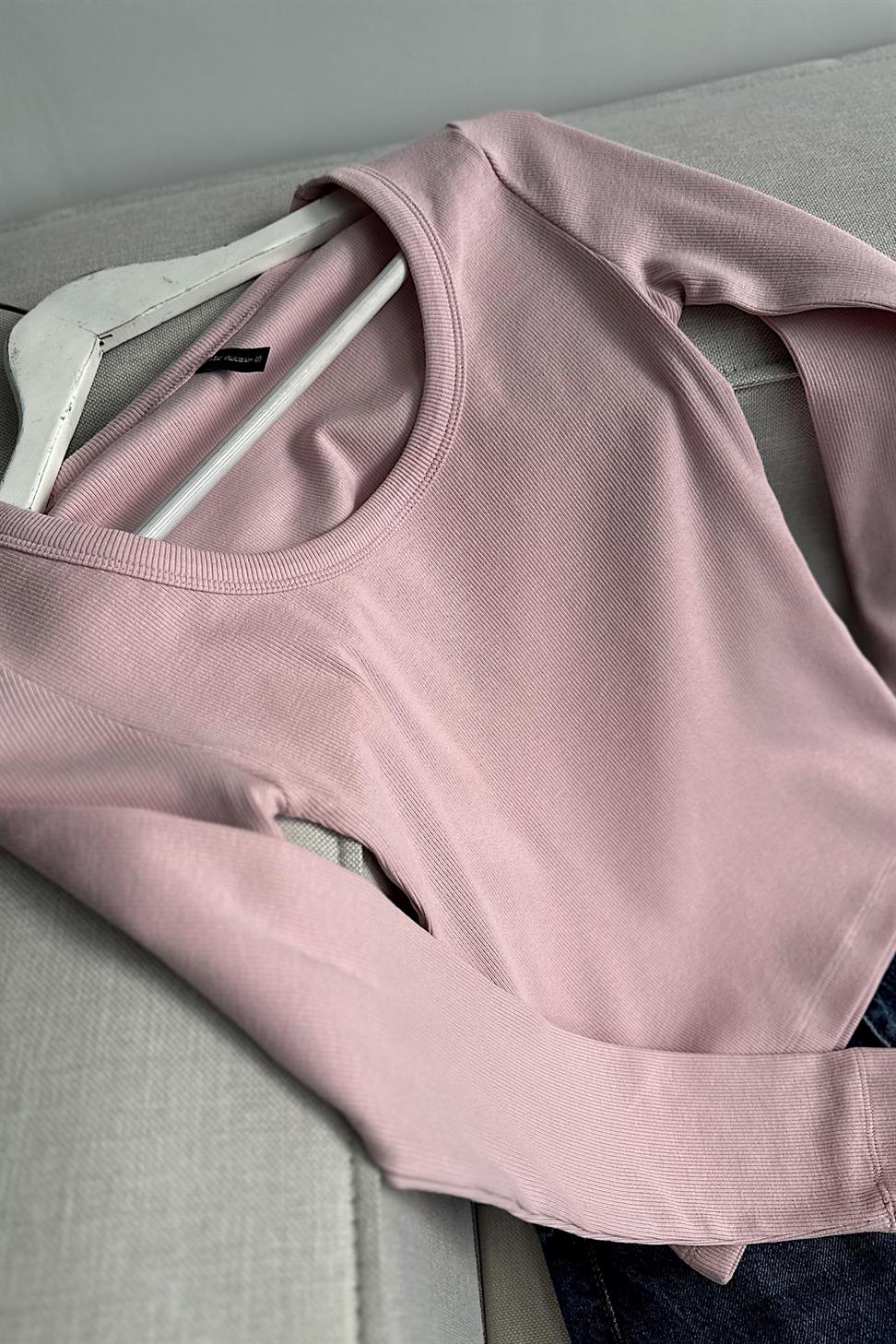 Lüks Kalite U Yaka İnce Fitilli Bluz Toz Pembe