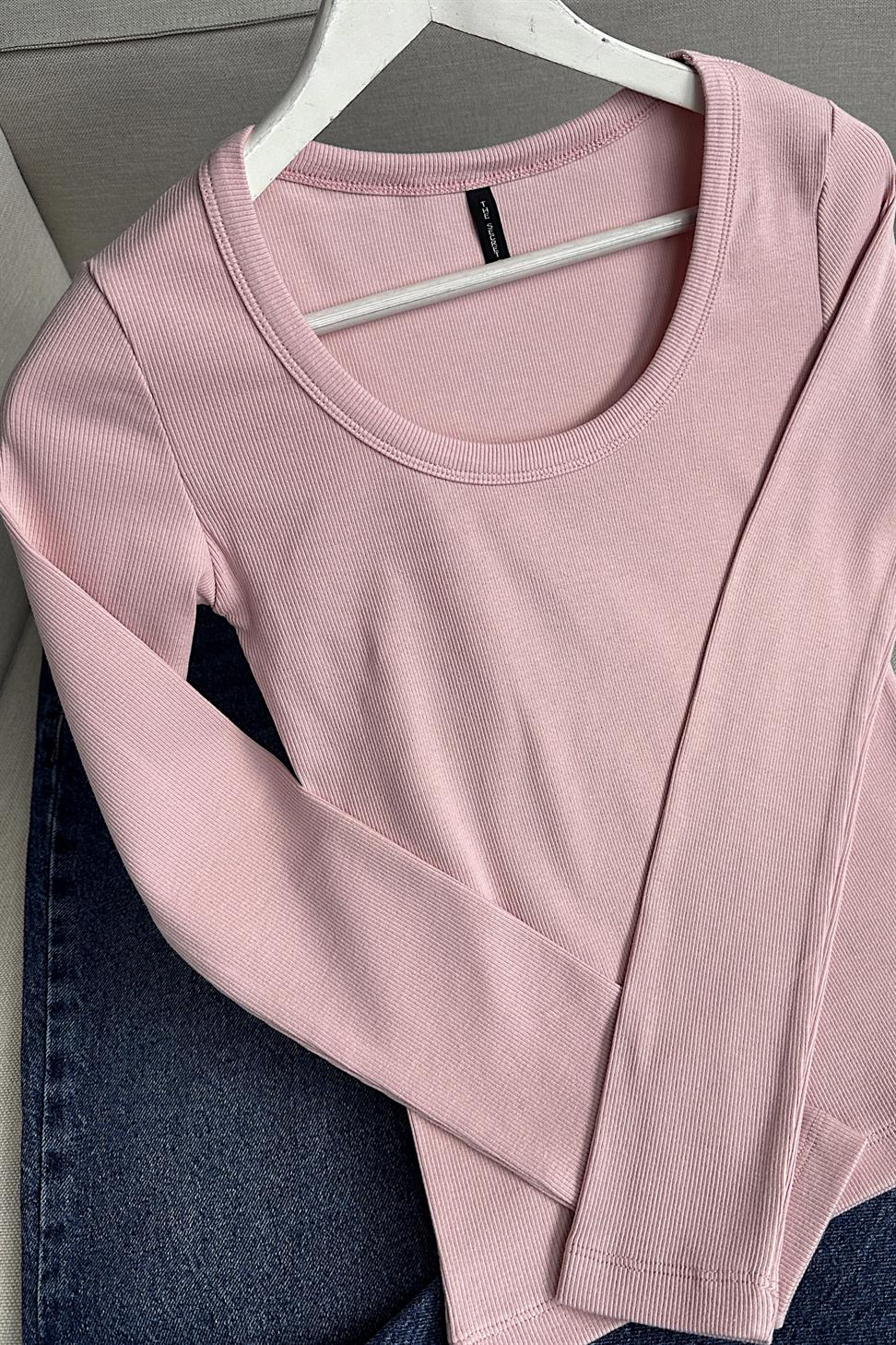 Lüks Kalite U Yaka İnce Fitilli Bluz Toz Pembe